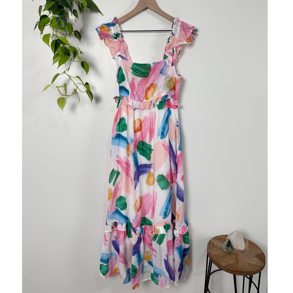 Blu Pepper Watercolor Abstract Print Ruffle Tiered Midi Dress Multi Color Size M